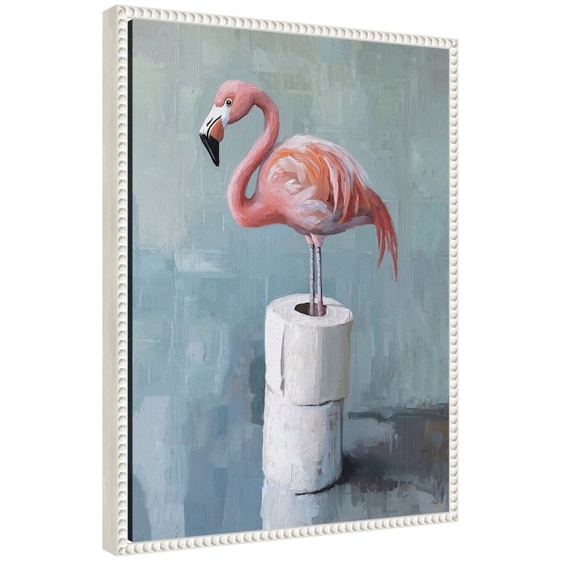 Kate and Laurel Sylvie Flamingo Standing with Toilet Paper Rolls Bathroom Art Framed Canvas by The Creative Bunch Studio - 18x24