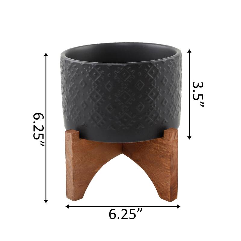 Mid-Century 5" Indian Ceramic Planter ON WOOD STAND, MATTE BLACK