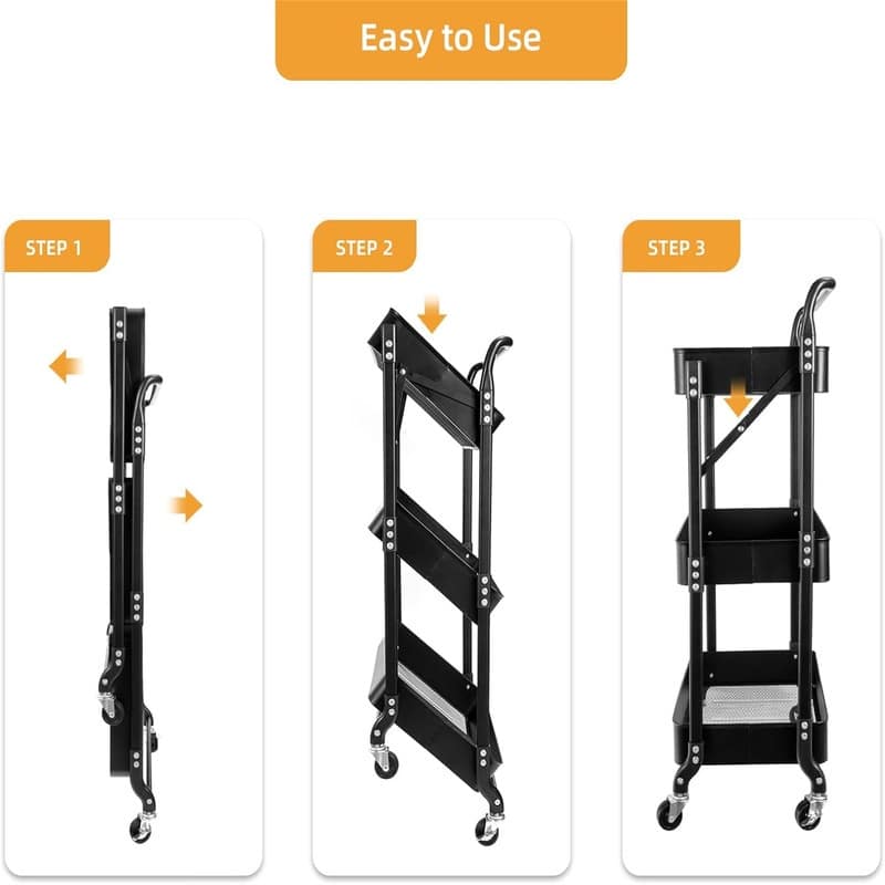 3 Tier Foldable Rolling Cart - 12"D x 17.9"W x 36.6"H