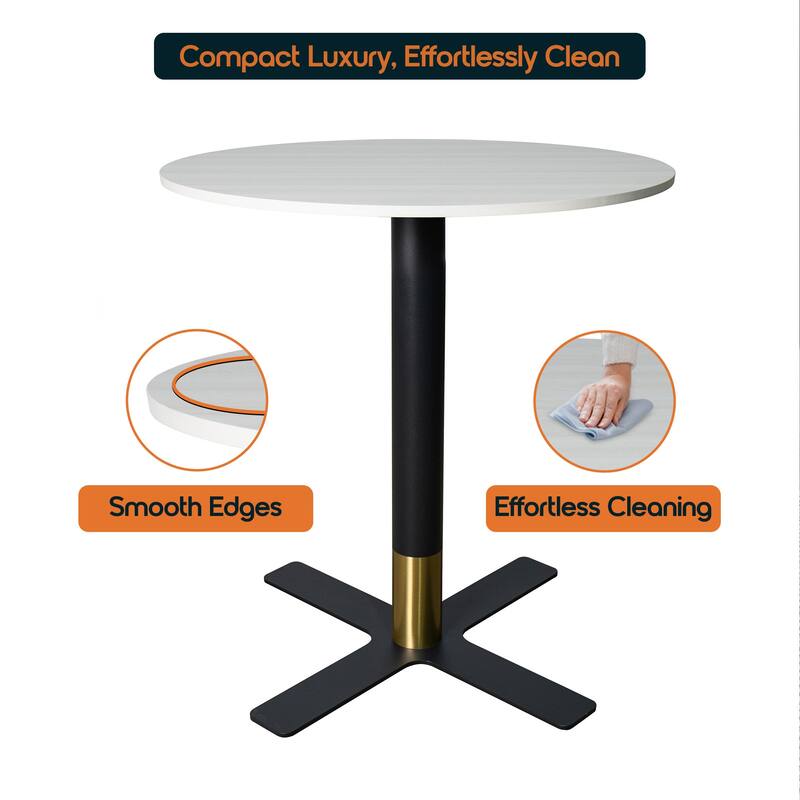 Vail 27" Round Solid Wood Top Dining Table with Black Stainless Steel Cross Legs and Gold Accent Base for Cafés and Home