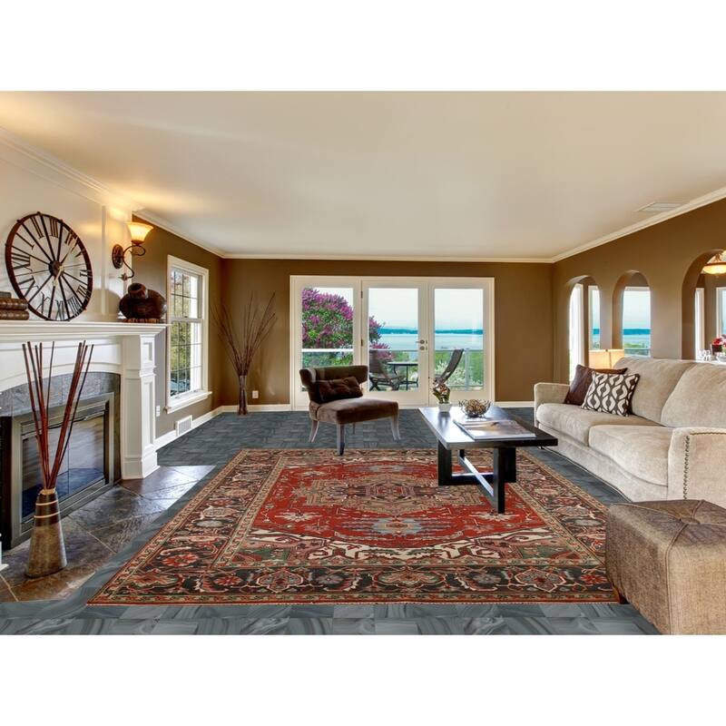 Geometric Heriz Serapi Indian Area Rug Hand-Knotted Wool Carpet - 8'9"x 11'11"