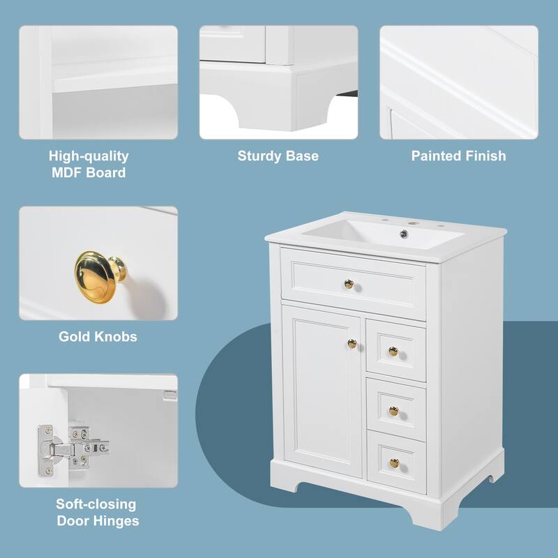 24" Bathroom Vanity with Sink, MDF & Pinewood Construction, 3 Drawers & Cabinet with 2-Tier Door Storage Rack, Soft-Close