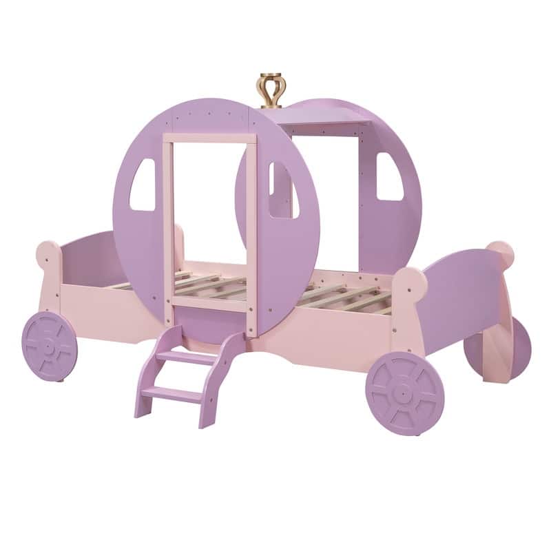Twin size Princess Carriage Bed with Crown ,Wood Platform Car Bed with ...