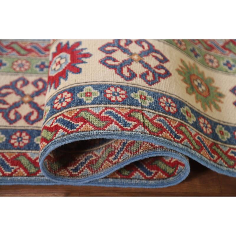 Hand Knotted Oriental 100% Wool Carpet Traditional Geometric Navy Blue & Blues Kazak Area Rug - 9' 8'' X 6' 6''