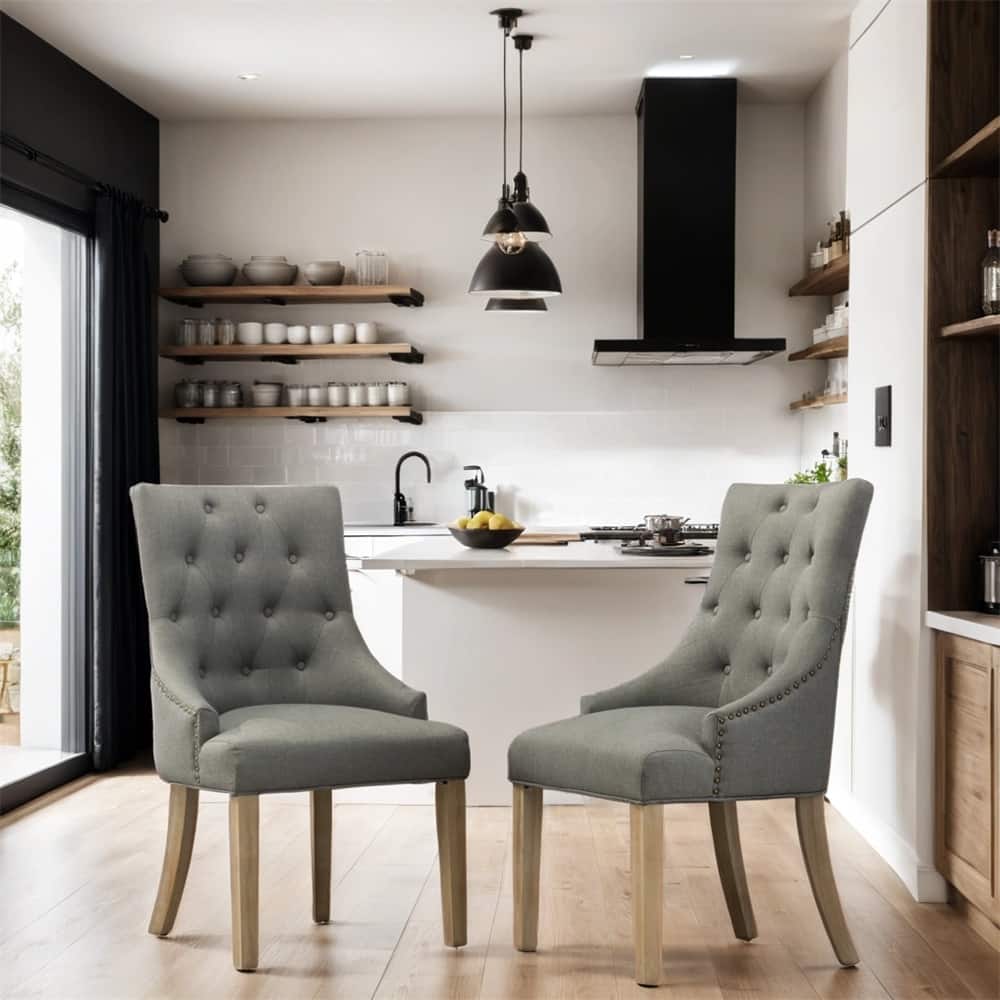 Tufted Wood Dining Chairs with Nail Heads and Legs (Set of 2)