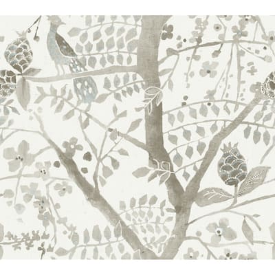Edinburgh Off White Non-Woven Unpasted Bohemian Peacock Block Print Wallpaper Covers about 60.75 sq. ft.