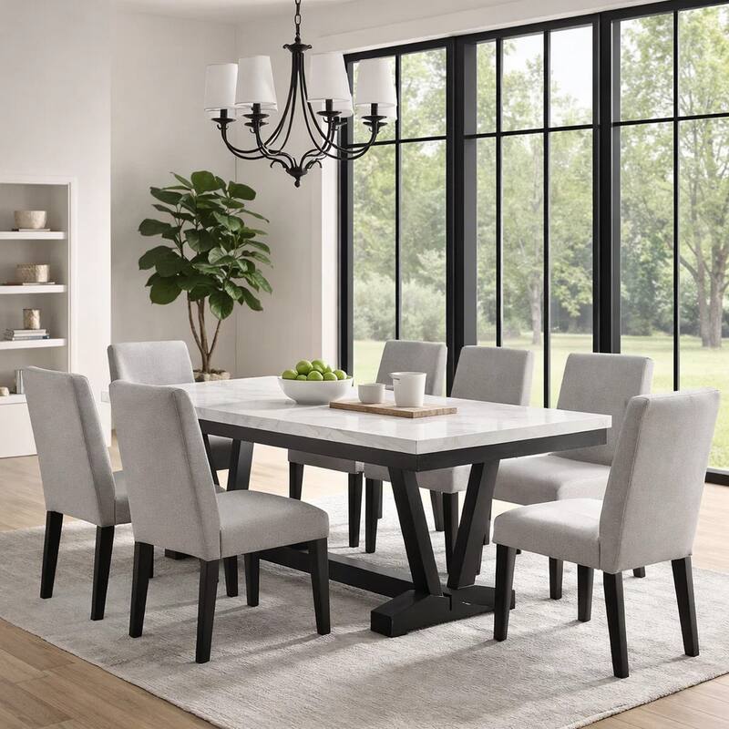 Vinz Dining Table, 72 Inch White Faux Marble Top, Black Trestle Base