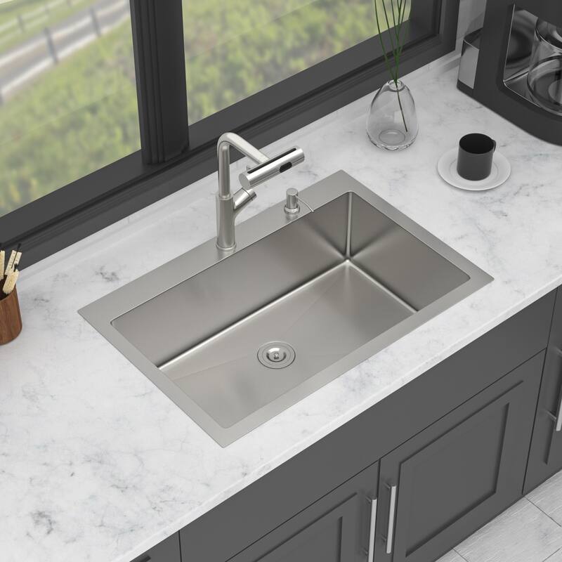 Drop-in Single Bowl 16 Gauge Stainless Steel Kitchen Sink with Pull-out Faucet