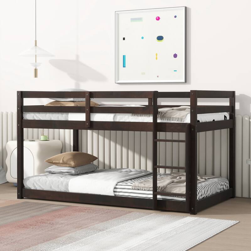 Wooden Twin over Twin Floor Bunk Bed with Ladder ,Upper and Bottom Bed Platforms - Espresso
