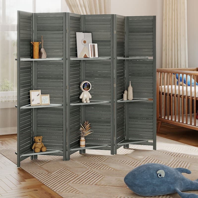HOMCOM Room Divider, 6 Panel 67" Tall Wood Privacy Screen with 3 Display Shelves, and Folding Storage for Bedroom, Gray