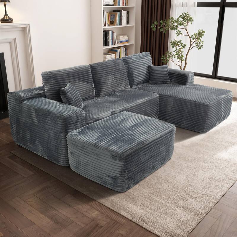 U-Shaped Sectional Couch Boneless Corduroy Couch with Chaise ‌and Ottoman‌, Upholstered Modular Lounger Sofa
