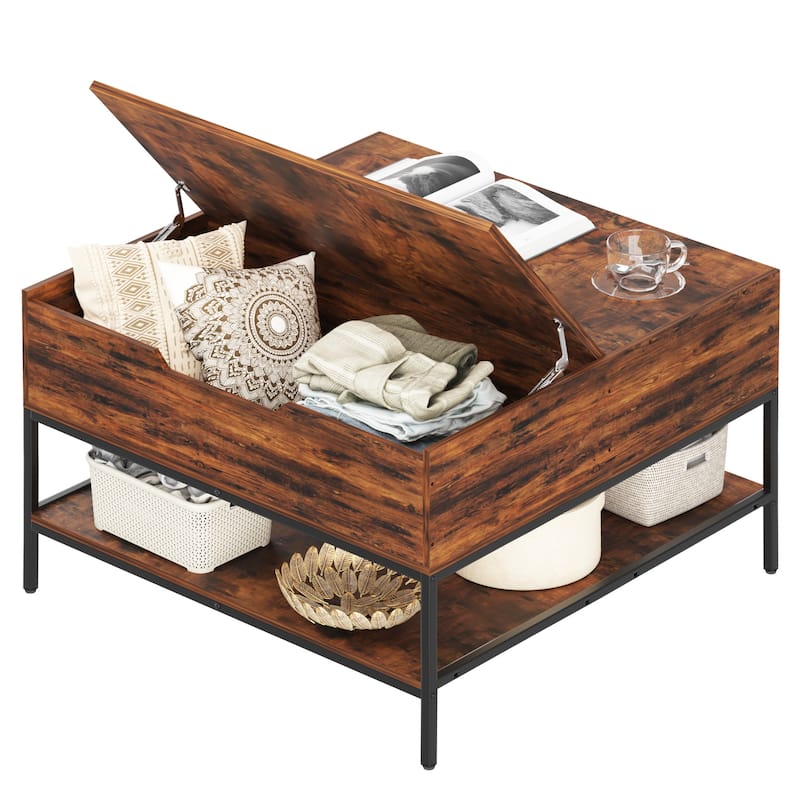 Anmytek Dark Walnut Black Metal Lift Top Coffee Table with Storage 31.5 Hidden Compartment