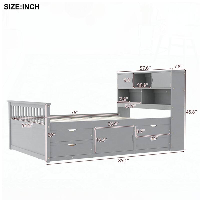 Captain Platform Bed Frame with Storage Bookcases and Shelves