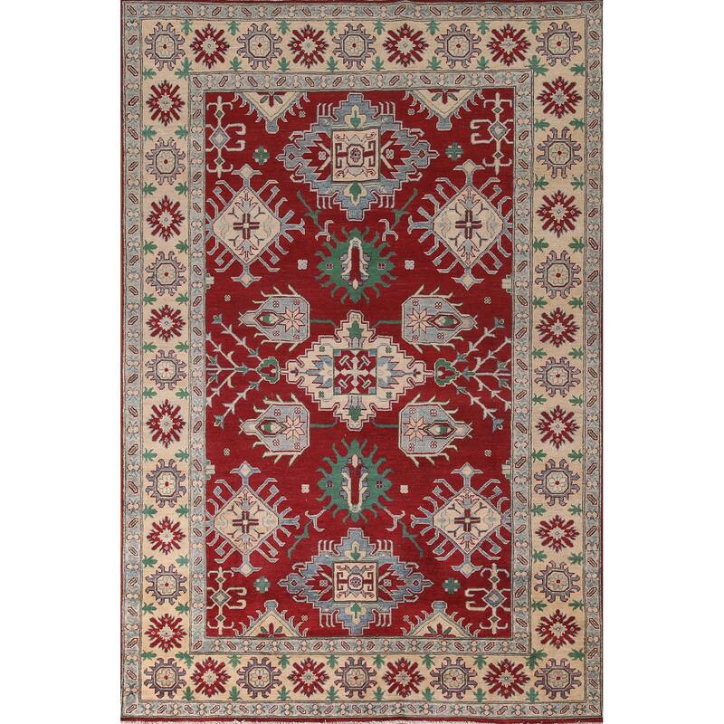 Kazak Area Rug Handmade Geometric Red Wool Carpet - 6'6" x 9'11"