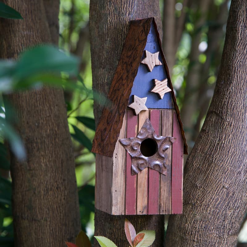 Glitzhome Wooden Patriotic Distressed Garden Birdhouse with Stars