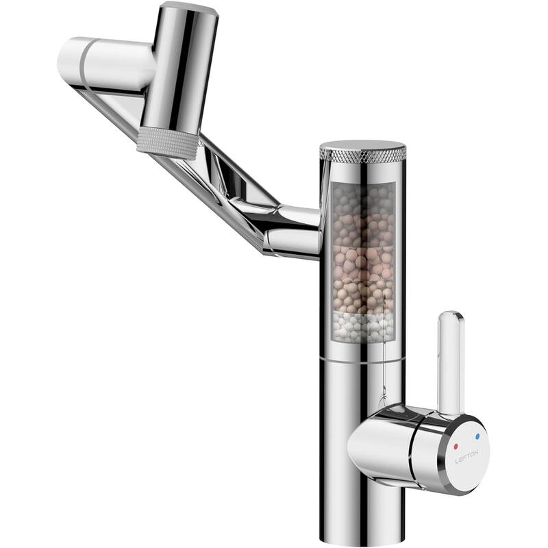 Lefton Rotatable Single Hole Bathroom Sink Faucet with Built-in Filter, Temperature Display in Fahrenheit, 2 Water Modes - Chrome