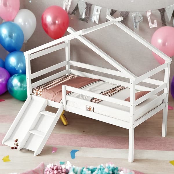 slide 2 of 7, Twin Size Low Loft Bed with Slide and Ladder and Safety Guardrails for home White