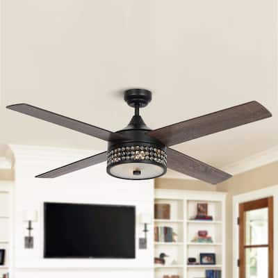 52-in Farmhouse 4-Blade Black Reversible Crystal Shade Ceiling Fan with Remote and Light Kit - 52-in W x 17-in H