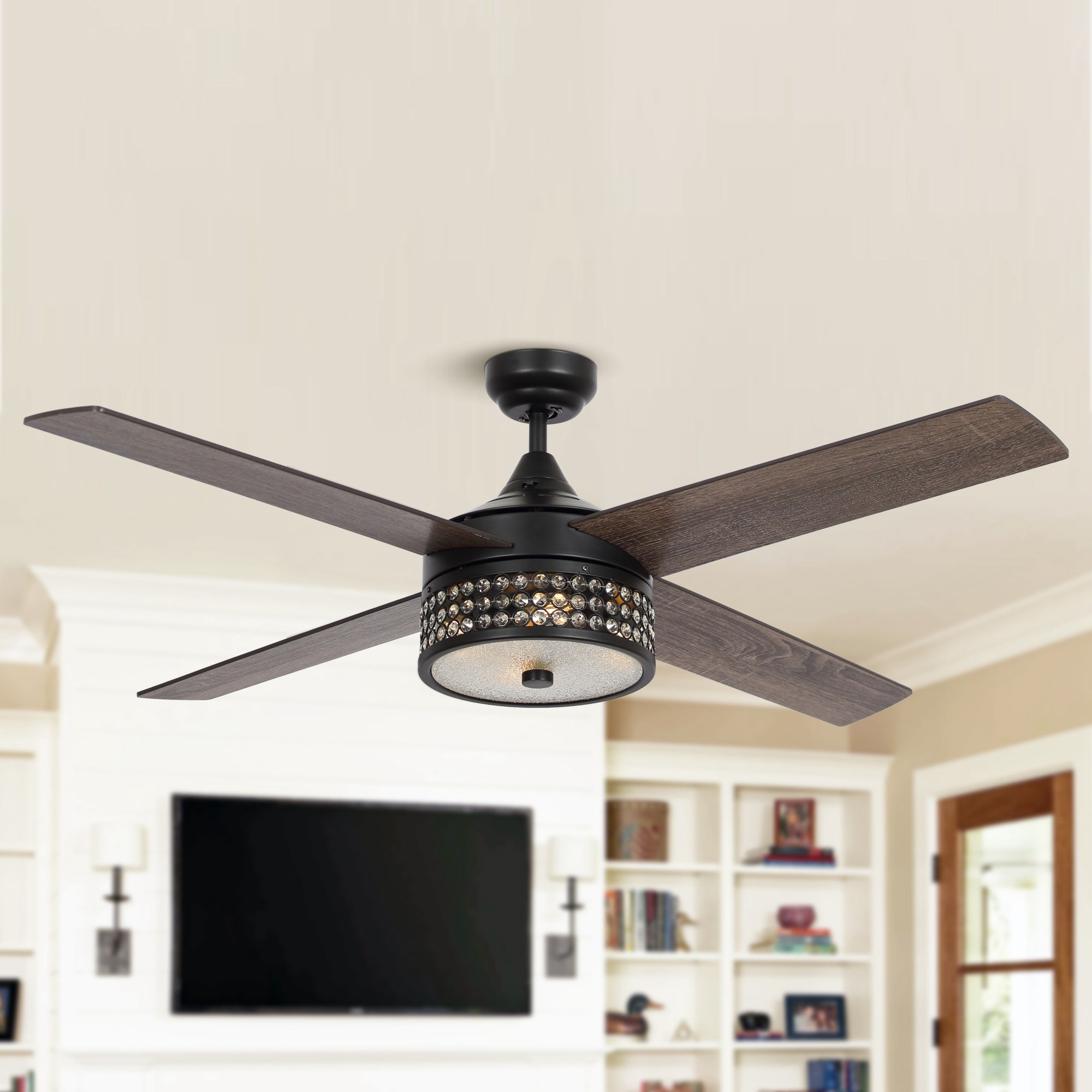 52-in Farmhouse 4-Blade Black Reversible Crystal Shade Ceiling Fan with Remote and Light Kit - 52-in W x 17-in H