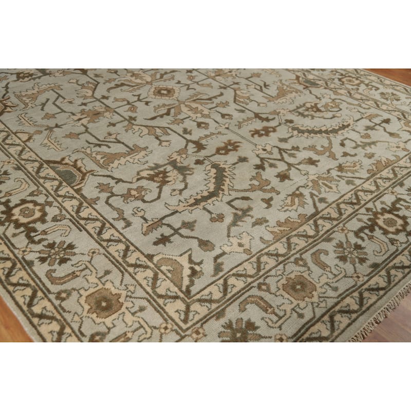 Earth Tone Oushak Area Rug Hand-Knotted Floral Beige Wool Carpet - 9'3" x 12'1"