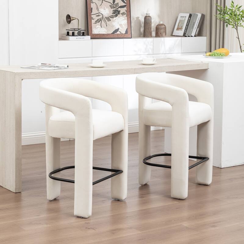 SEYNAR Modern Velvet 34.6''H Fixed Height Open-Back Bar Stool with Metal Footrest Set of 2