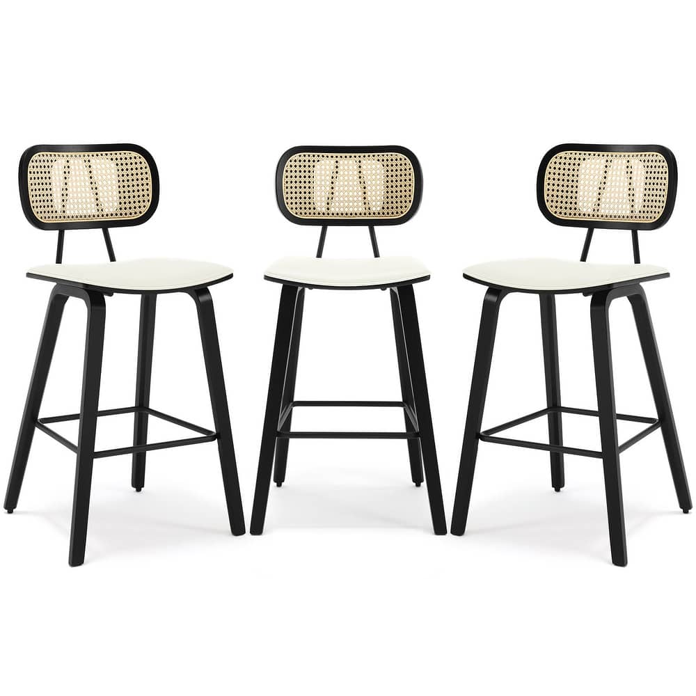 Upholstered Counter Stool/ Barstool with Rattan Back and Wood Legs