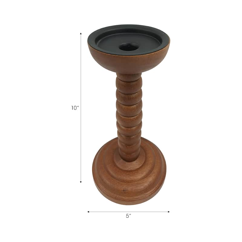 Wood Candle Holder Sculpted Round Base and Turned Detailing Accent