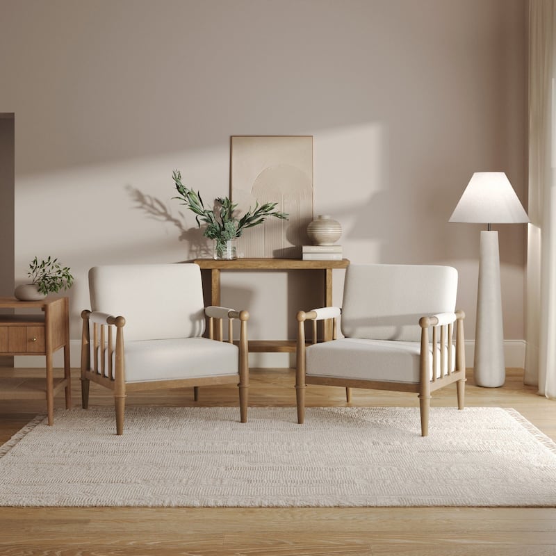 Spencer Boucle Accent Chair, Bohemian Armchair with Solid Wood Frame and Upholstered Foam Cushion - Set of 2 - Cream/Light Brown