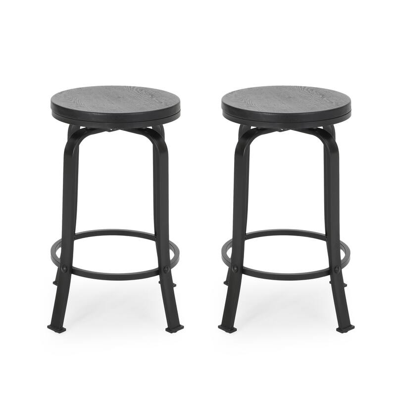 Lni Swivel Counter Stool Set of 2, Faux Wood Seat w Curved Black Metal