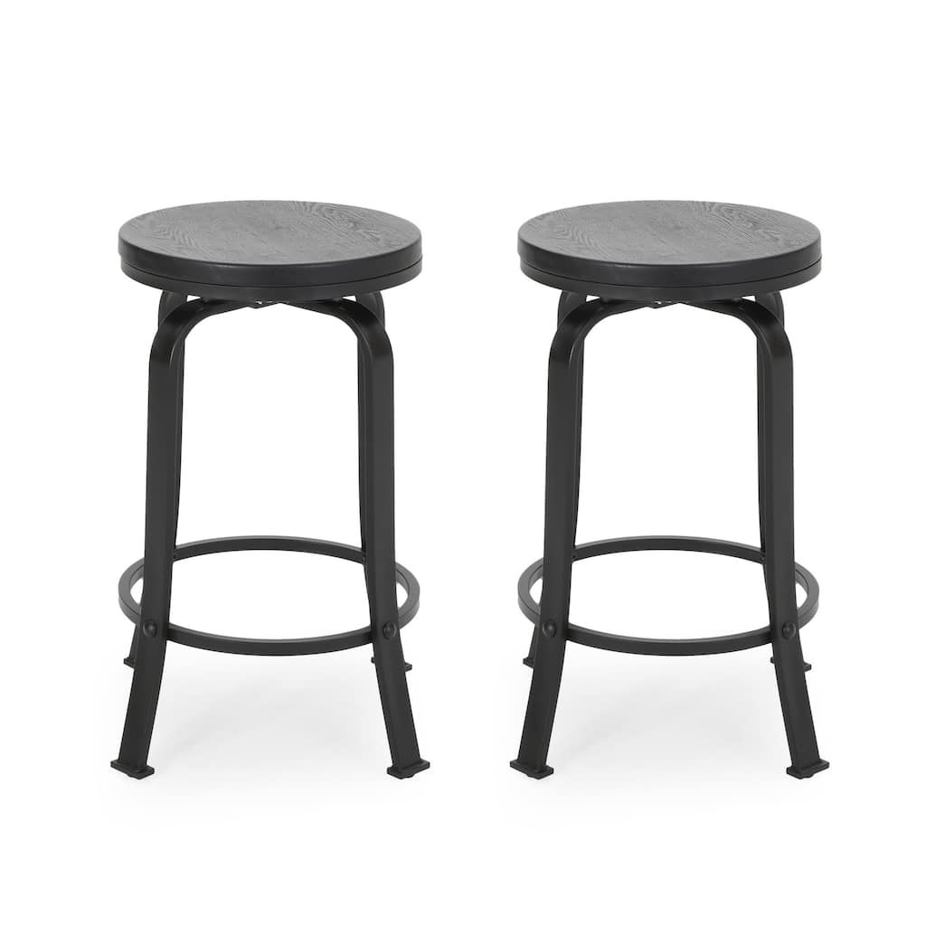Lni Swivel Counter Stool Set of 2, Faux Wood Seat w Curved Black Metal