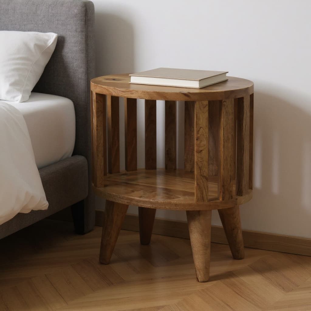 HomeRoots 16" Light Brown Solid Wood Slat Back Round Nightstand