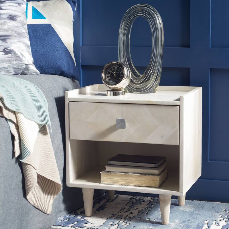 SAFAVIEH Alivia Parquet 1-Drawer 1-Shelf Nightstand - White Wash/Silver