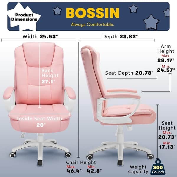 dimension image slide 1 of 2, Bossin Big and Tall Office Chair High Back Executive Chair Ergonomic Adjustable Executive Leather Chair,400lbs