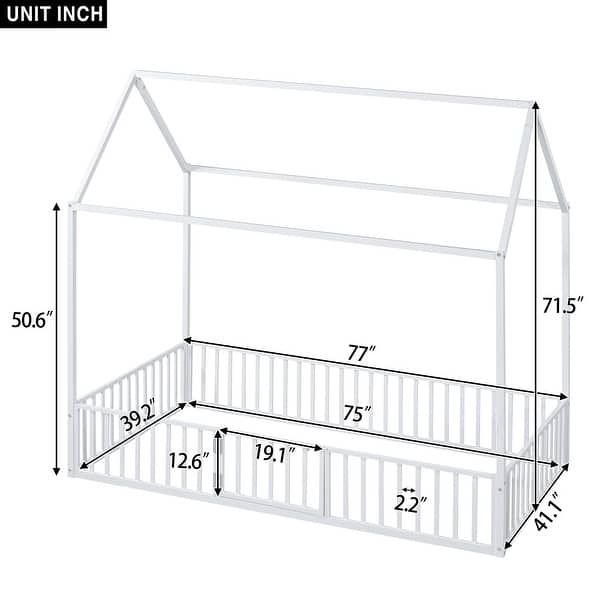 Twin Metal House Bed with Fence & Door for Kids Bedroom, Sturdy Bedframe w/Roof Design, Easy Assembly/No Box Spring Needed,White