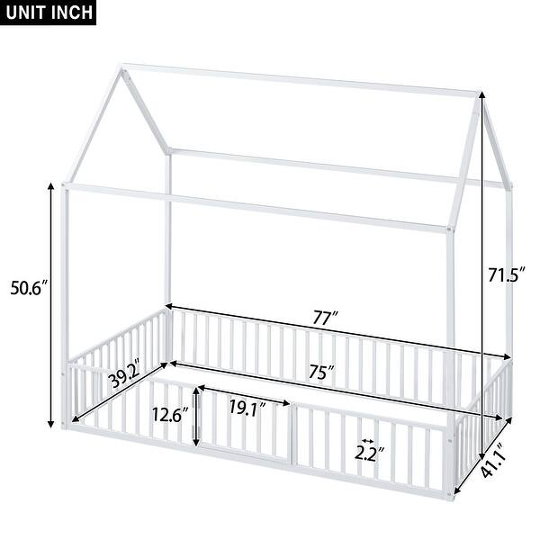 dimension image slide 0 of 2, Twin Size House Design Platform Bed, Metal Floor Bed Frame with Fence, Door and Roof for Children, Boys and Girls