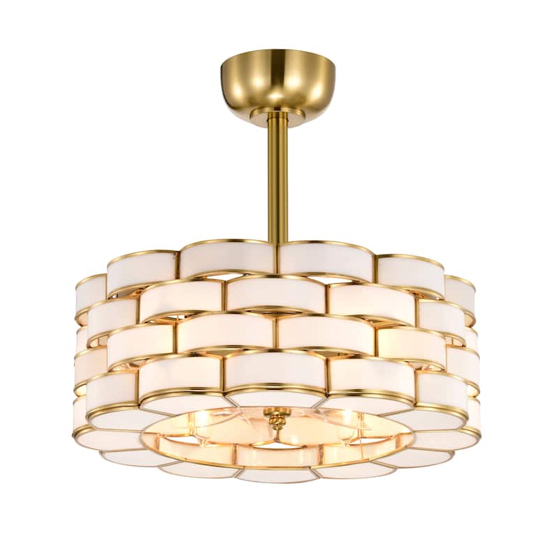 Lighted Ceiling Fan 6-Light Fandelier Brass Trim Opaque Glass Ribbon Weave Shade Remote Control