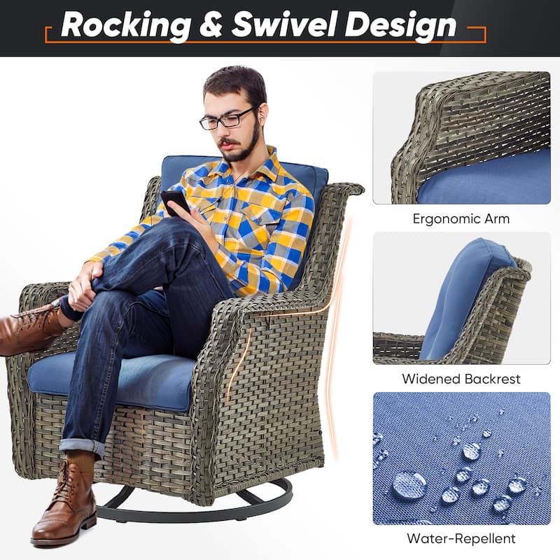 5 Piece Patio Chairs Set, Swivel Rocking Chairs with Ottoman - Grey