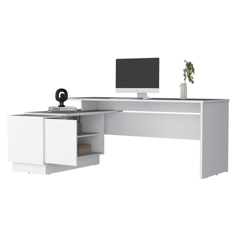 Minimalist L-Shaped Desk with Spacious Work Surface, Storage Shelves, and Durable Design for Contemporary Offices
