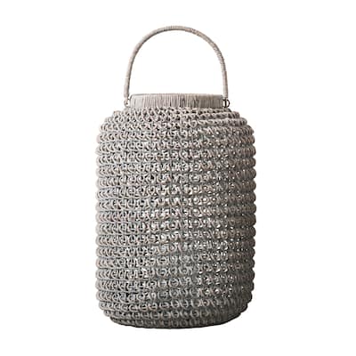 Whitewashed Woven Water Hyacinth Lantern with Glass Insert