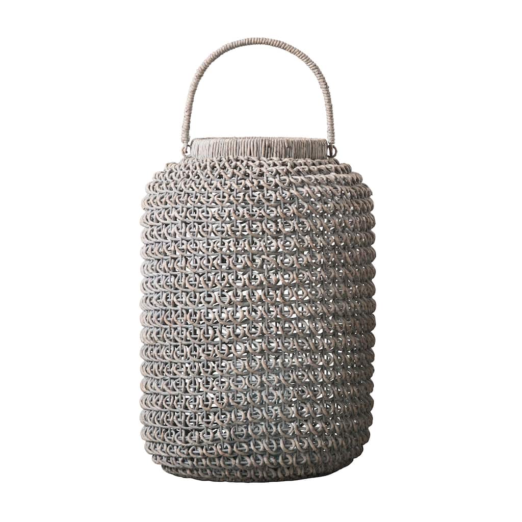 Whitewashed Woven Water Hyacinth Lantern with Glass Insert
