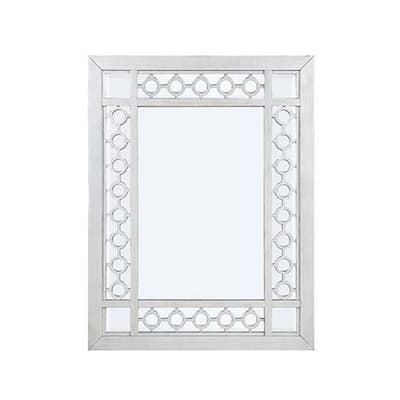 40 Inch Ornate Wood Mirror, Portrait, Round Cut Out Design, White