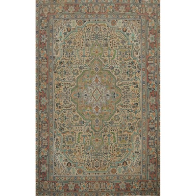 Hand Knotted Oriental 100% Wool Carpet Traditional Floral Beige & Ivories Tabriz Area Rug - 11' 1'' X 8' 0''