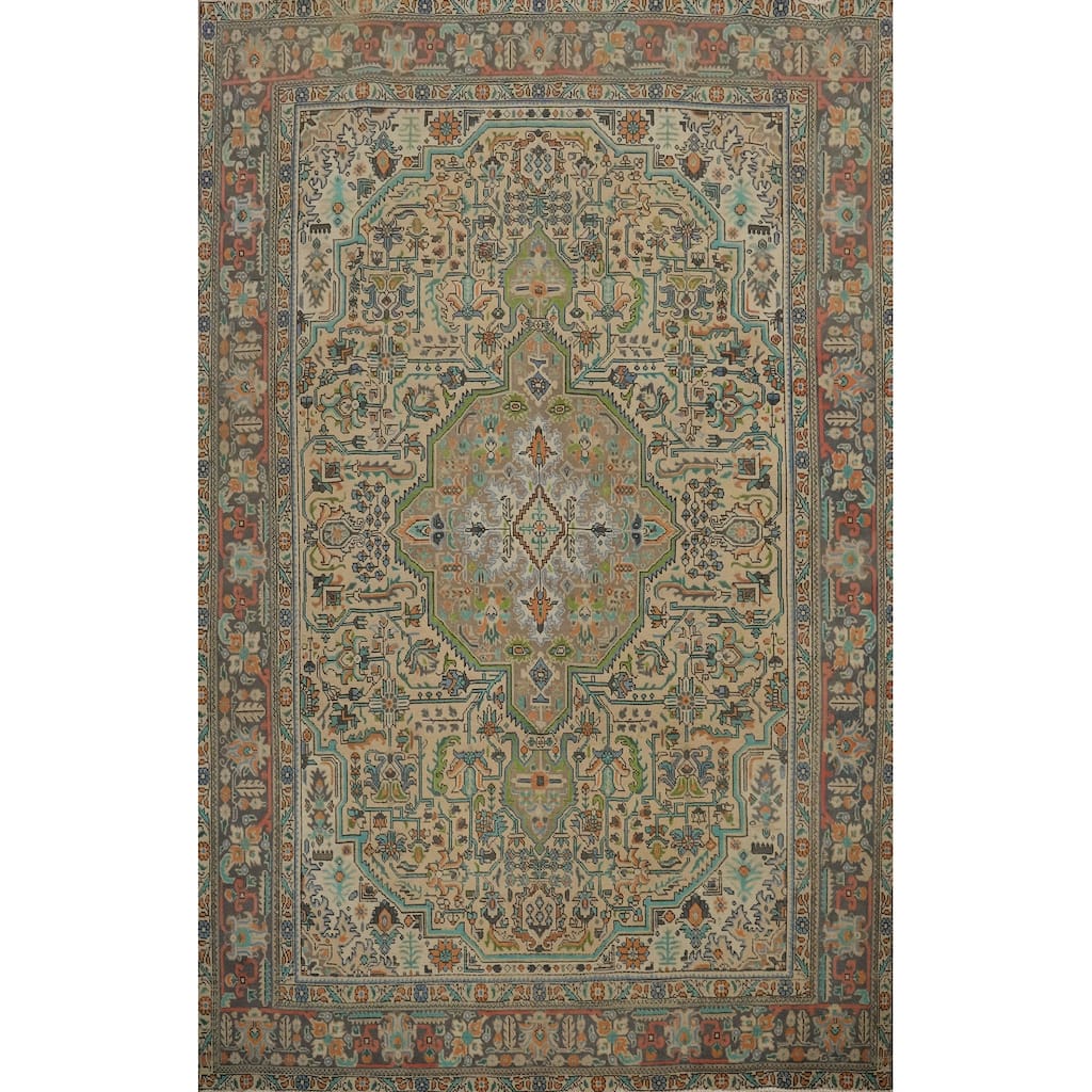 Hand Knotted Oriental 100% Wool Carpet Traditional Floral Beige & Ivories Tabriz Area Rug - 11' 1'' X 8' 0''