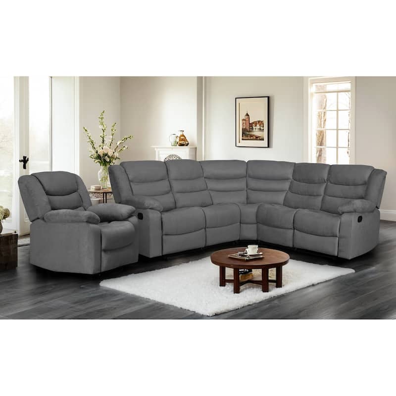 Recliner and Sectional Sofa Set, Suede 6-Piece Manual Reclining Sectional Sofa Set with Dropdown Table - Grey