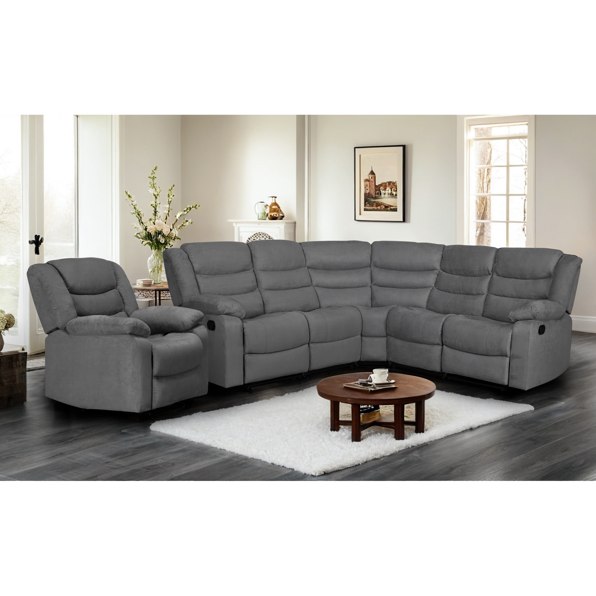 Recliner and Sectional Sofa Set, Suede 6-Piece Manual Reclining Sectional Sofa Set with Dropdown Table