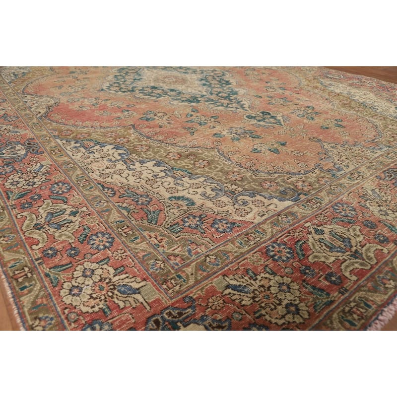 Medallion Tabriz Persian Vintage Rug Hand-Knotted Orange Wool Carpet - 7'9"x 10'7"