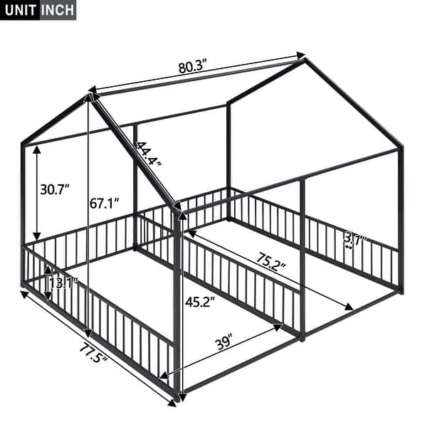dimension image slide 1 of 3, Metal Twin Size House Platform Bed with Two Shared Beds, Guardrails, Roof and Windows, Sturdy Frame, Black Finish