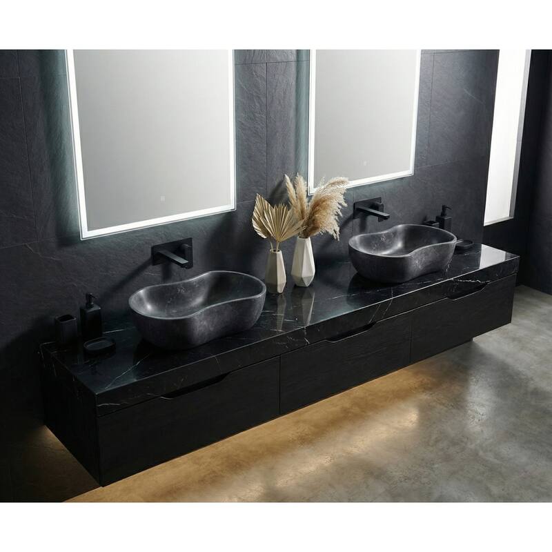 Roomfitters Marble Bathroom Vessel Sink, Natural Stone Countertop Wash Basin, Organic Wavy Vanity Bowl, Matte Finish, Dark Grey