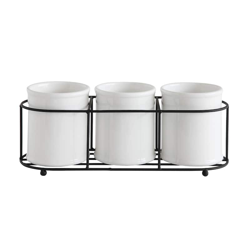 Ceramic Crocks in Metal Holder - 11.5"L x 3.8"W x 4.3"H - White and Black