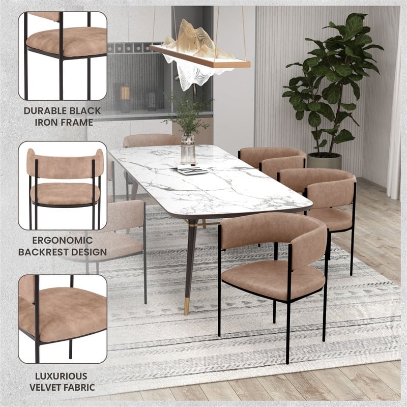 Cyril Modern U-Shaped Velvet, Fabric, or Leather Upholstered Dining Chair with Open Back and Black Iron Metal Legs (Set of 2)